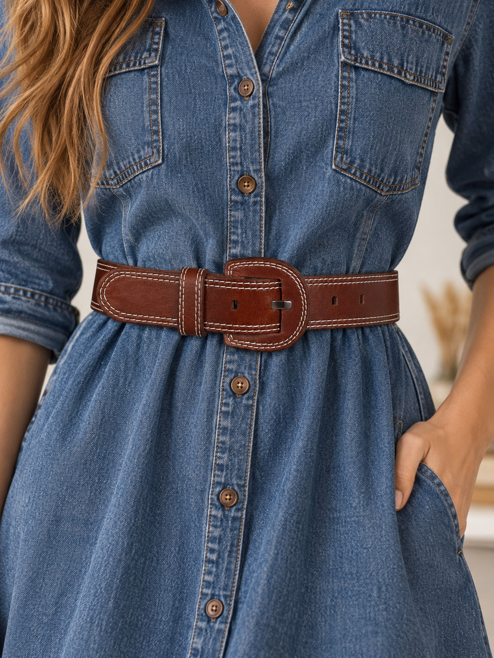 Cooperative Urban Outfitters Brown Leather Band Belt Cowhide Double Stitch S/M